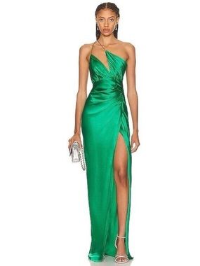 One-Shoulder Emerald Satin Evening Gown